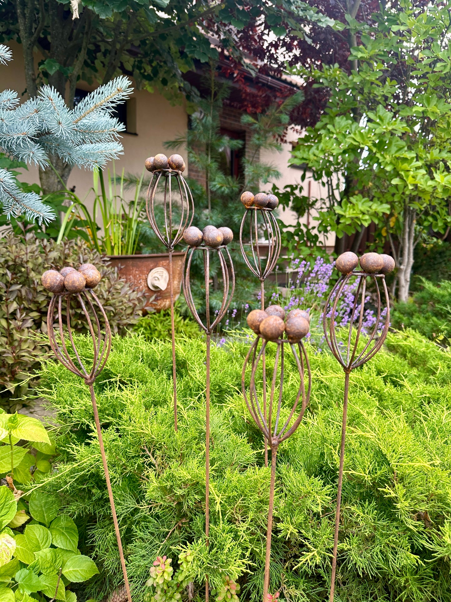 Rustic Metal Exotic Flowers Set of 6 Garden Sculptures Bee Butterfly Rain Catchers Handmade Outdoor Decor Yard Art Landscaping Gift