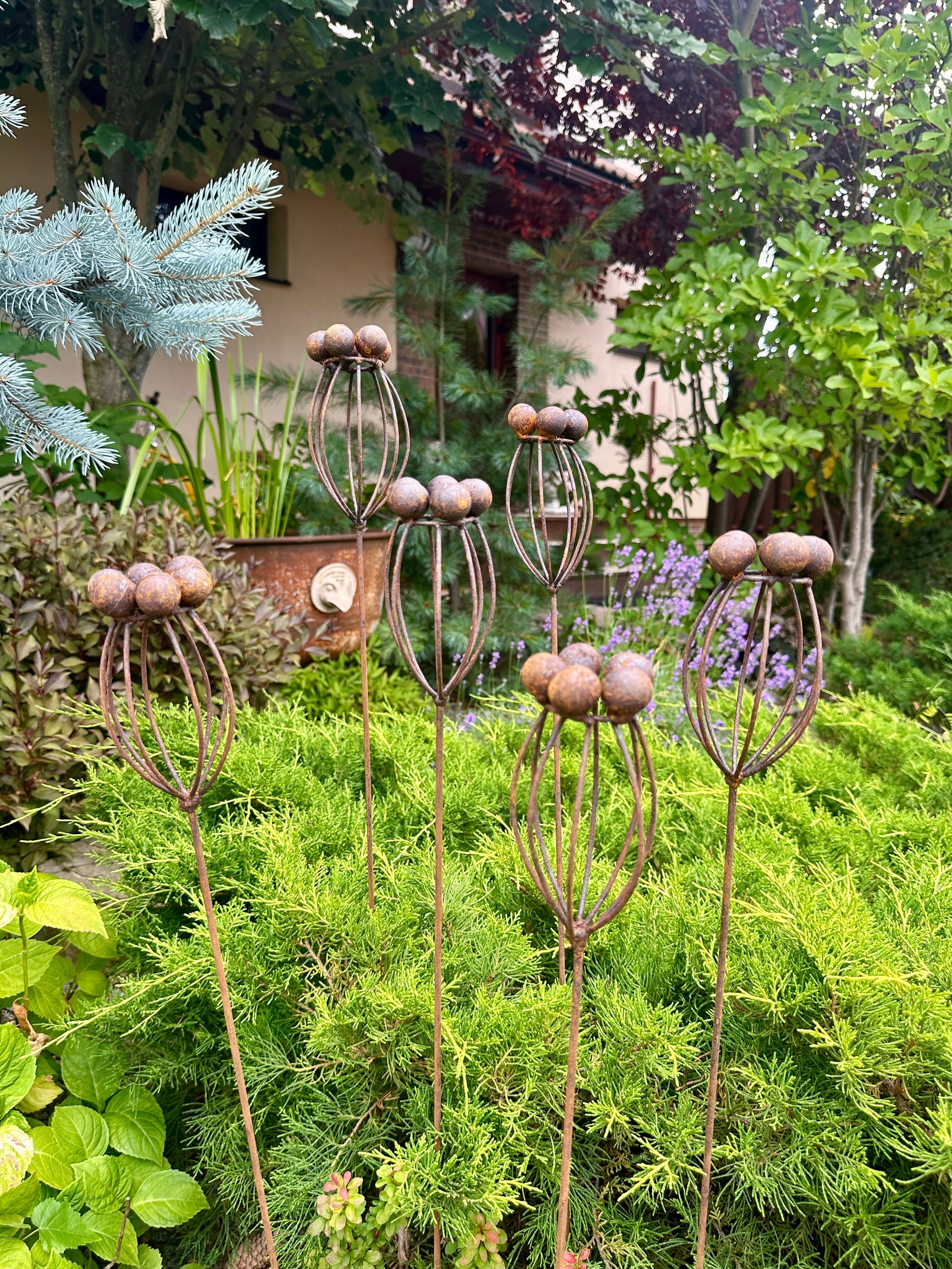 Rustic Metal Exotic Flowers Set of 6 Garden Sculptures Bee Butterfly Rain Catchers Handmade Outdoor Decor Yard Art Landscaping Gift