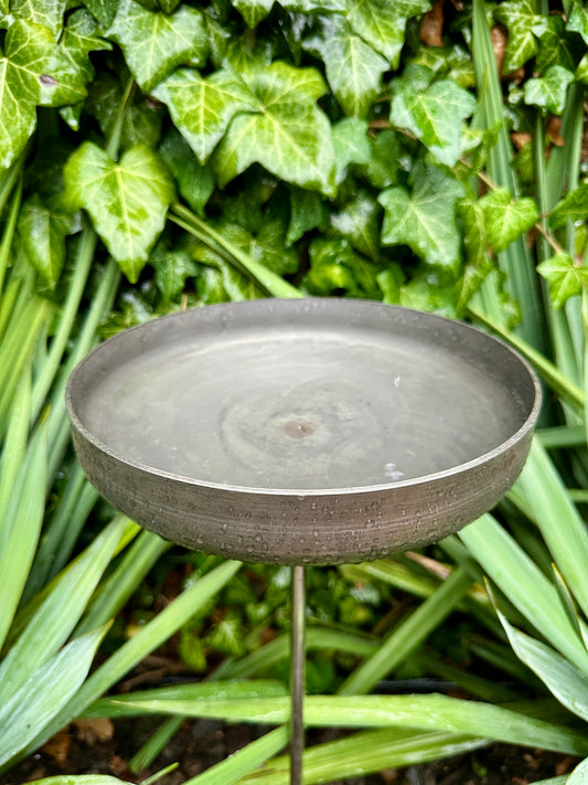 8” Rain Catcher, Stainless Steel Collector, Bird Bath, Feeder & Water Bowl, Garden Stakes, Yard Art, Unique Garden Decor, Weathered Accent