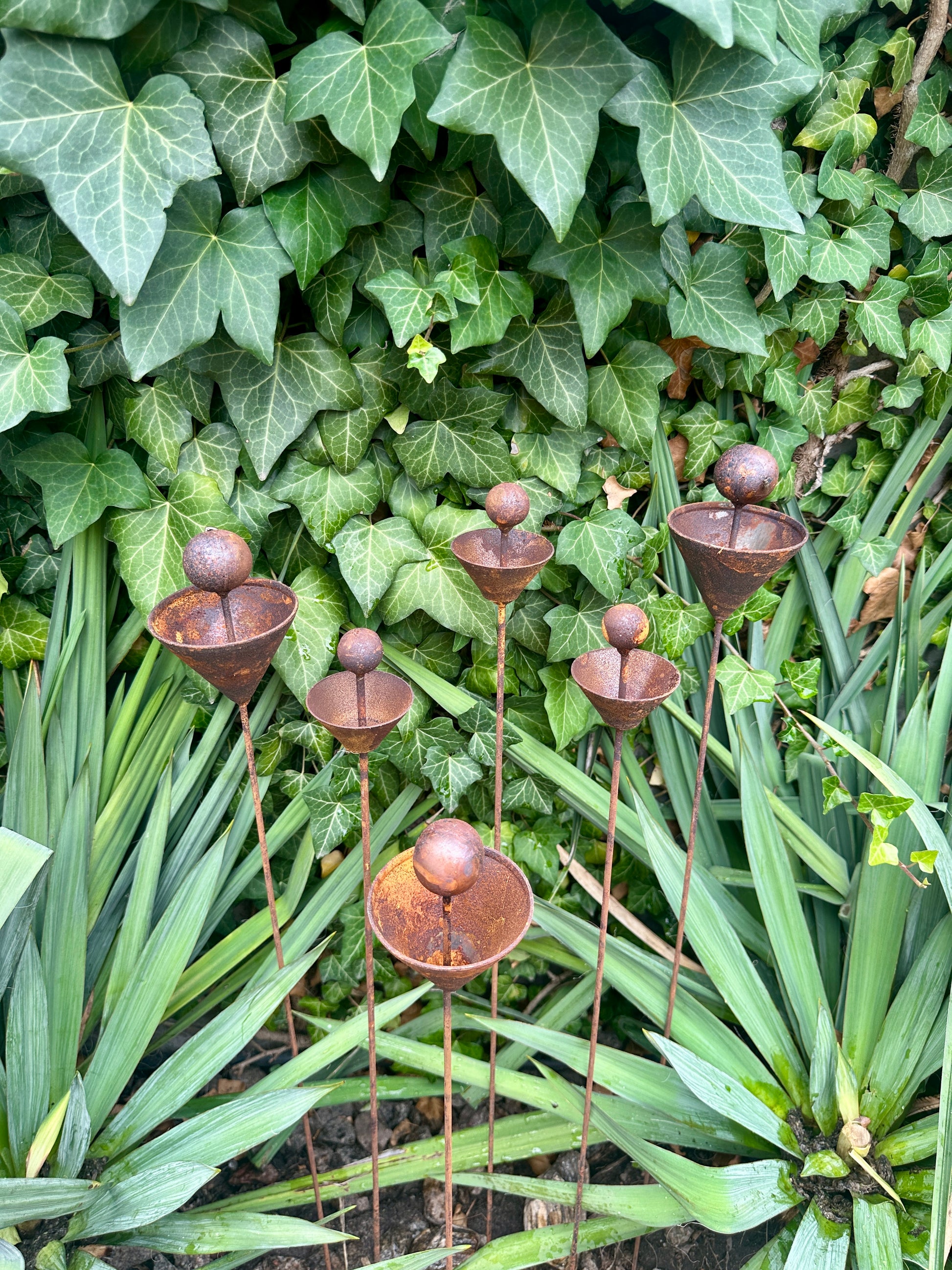 Set of 6 Rusty Metal Flowers, Garden Decorations, Handmade Outdoor Decor for Backyards, Rustic Landscaping, Garden Art, Bee Butterfly Cups