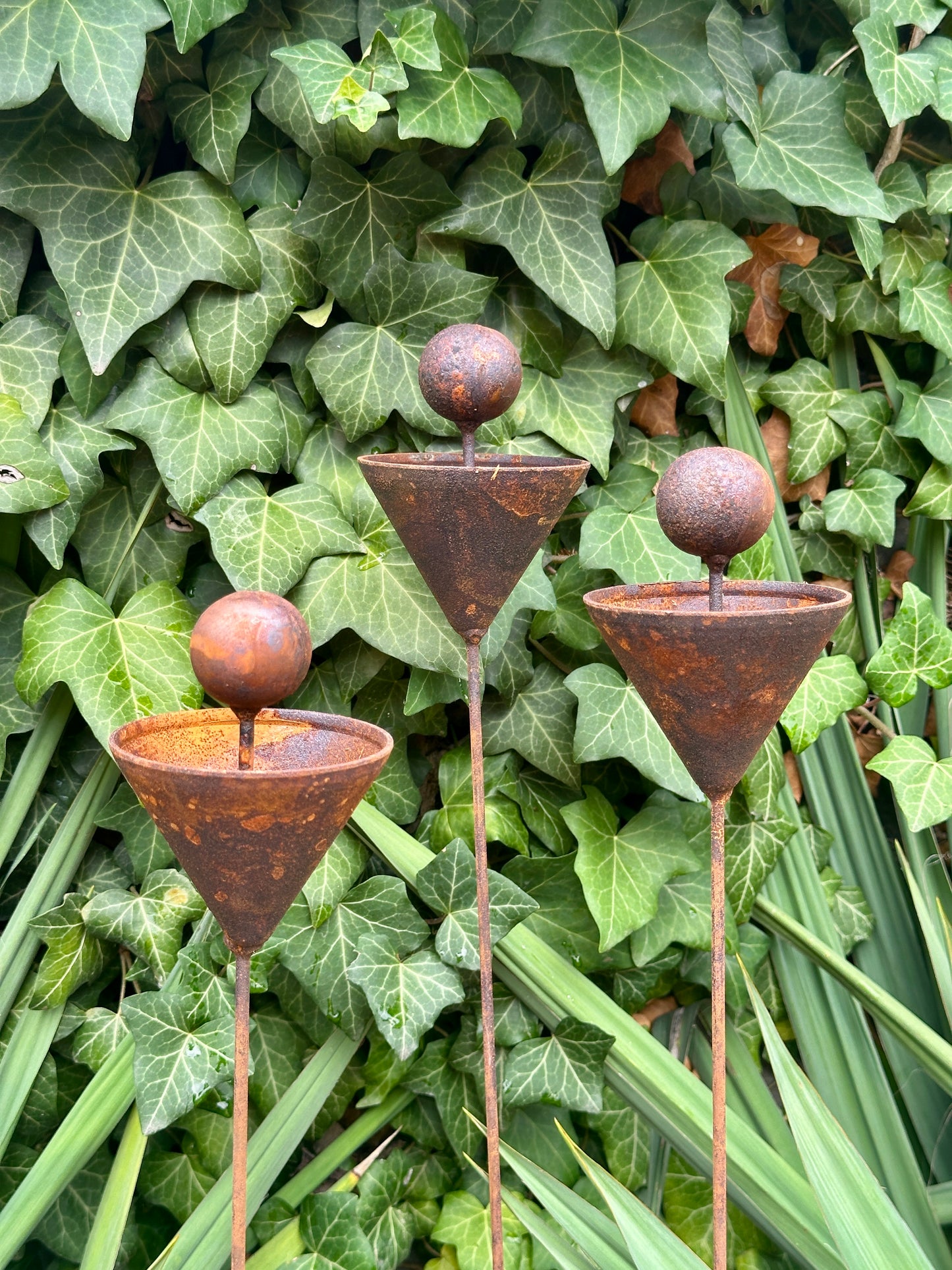 Set of 3 Rusty Metal Flowers, Garden Decorations, Handmade Outdoor Decor for Backyards, Rustic Landscaping, Garden Art, Bee Butterfly Cups