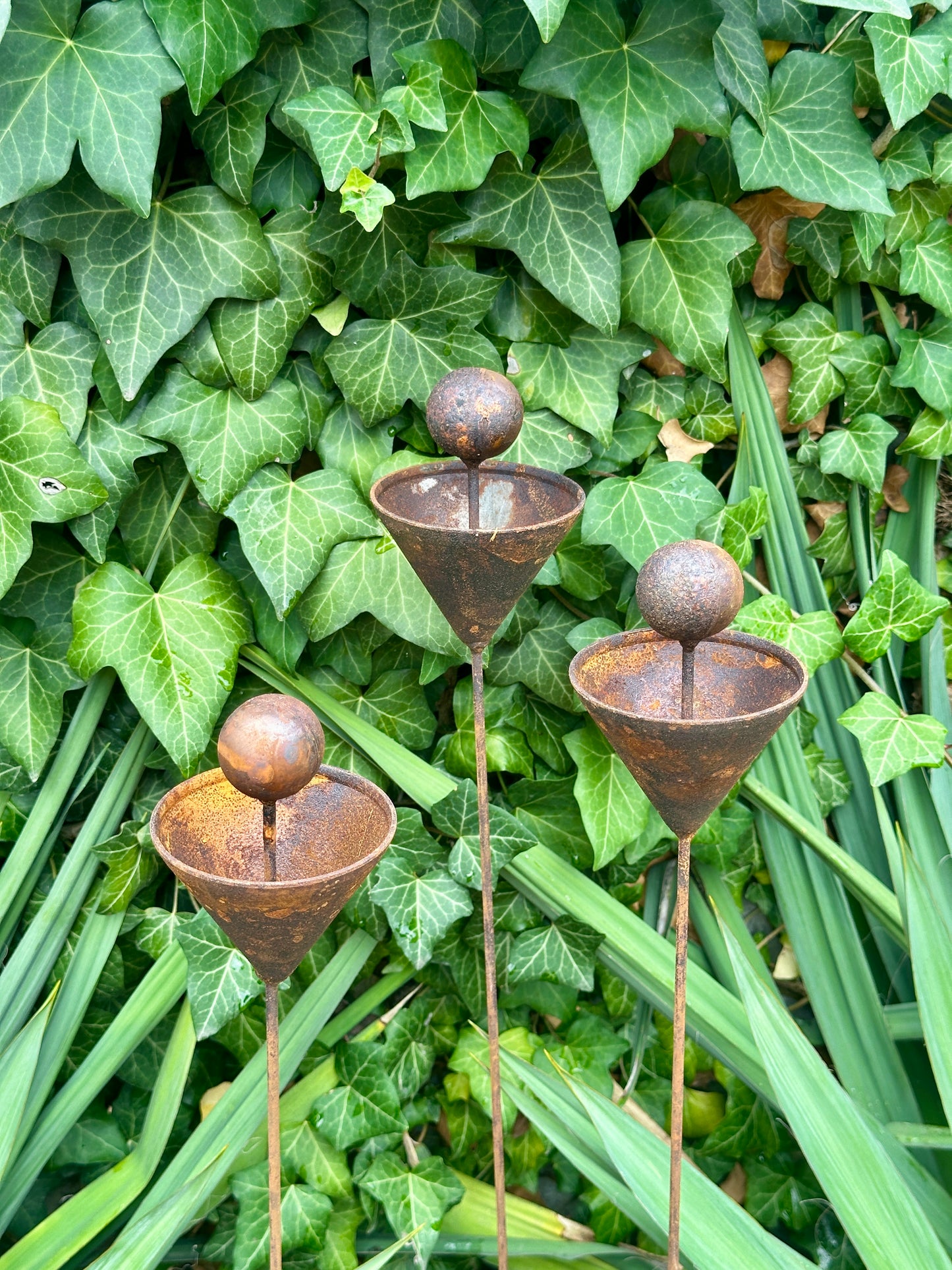 Set of 3 Rusty Metal Flowers, Garden Decorations, Handmade Outdoor Decor for Backyards, Rustic Landscaping, Garden Art, Bee Butterfly Cups