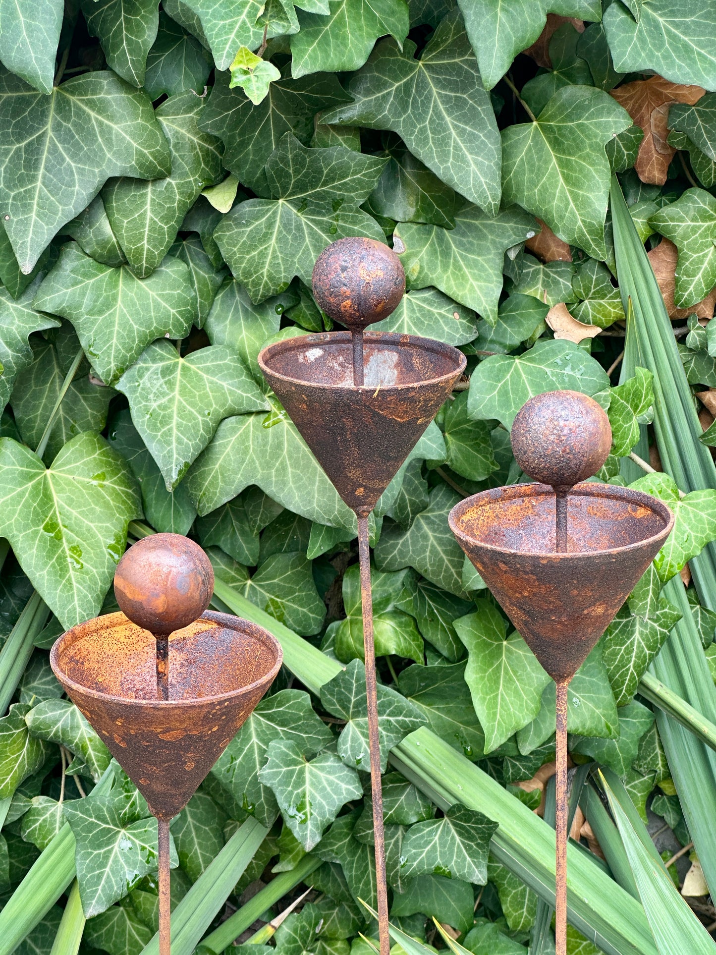 Set of 3 Rusty Metal Flowers, Garden Decorations, Handmade Outdoor Decor for Backyards, Rustic Landscaping, Garden Art, Bee Butterfly Cups