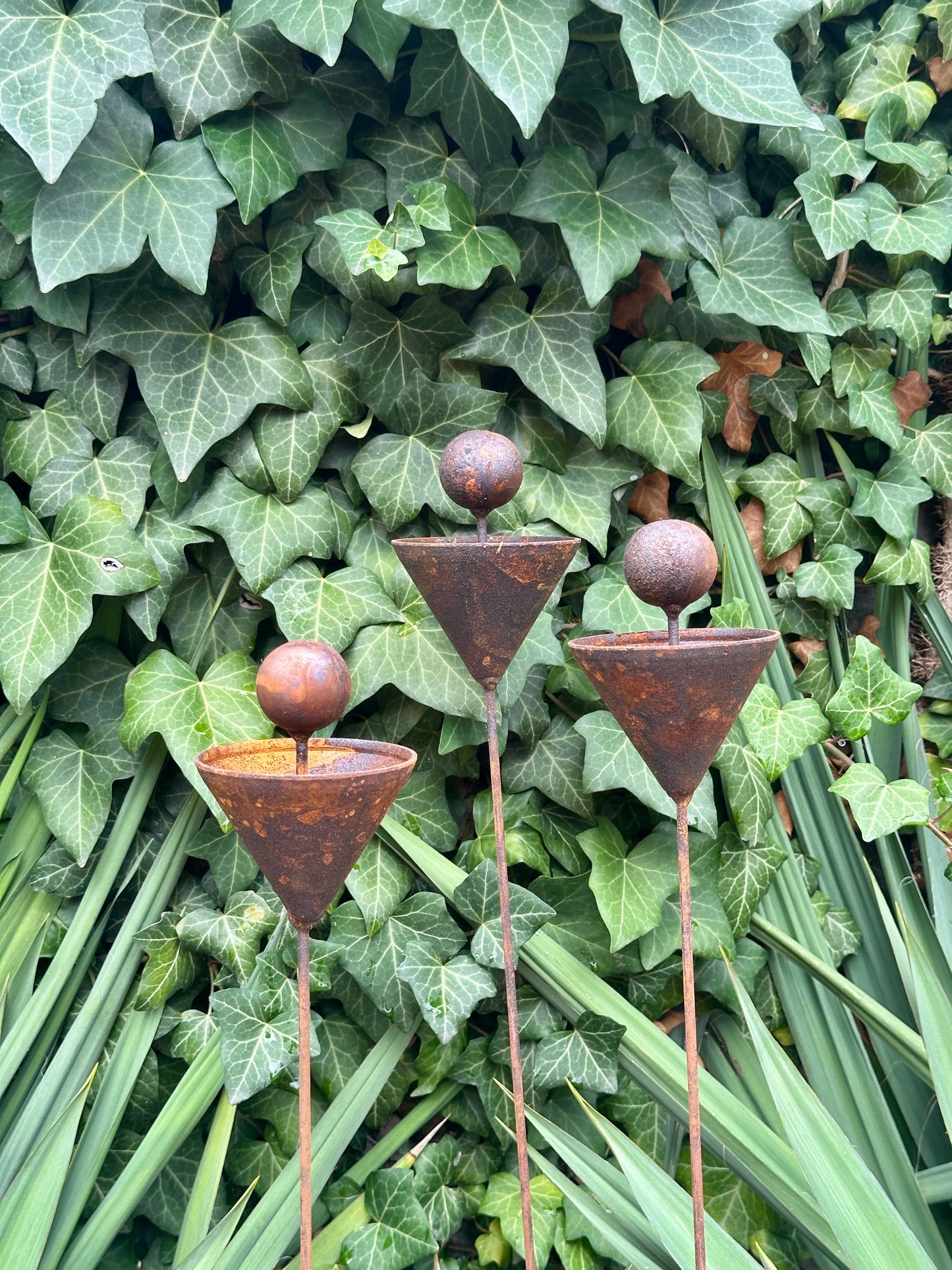 Set of 3 Rusty Metal Flowers, Garden Decorations, Handmade Outdoor Decor for Backyards, Rustic Landscaping, Garden Art, Bee Butterfly Cups