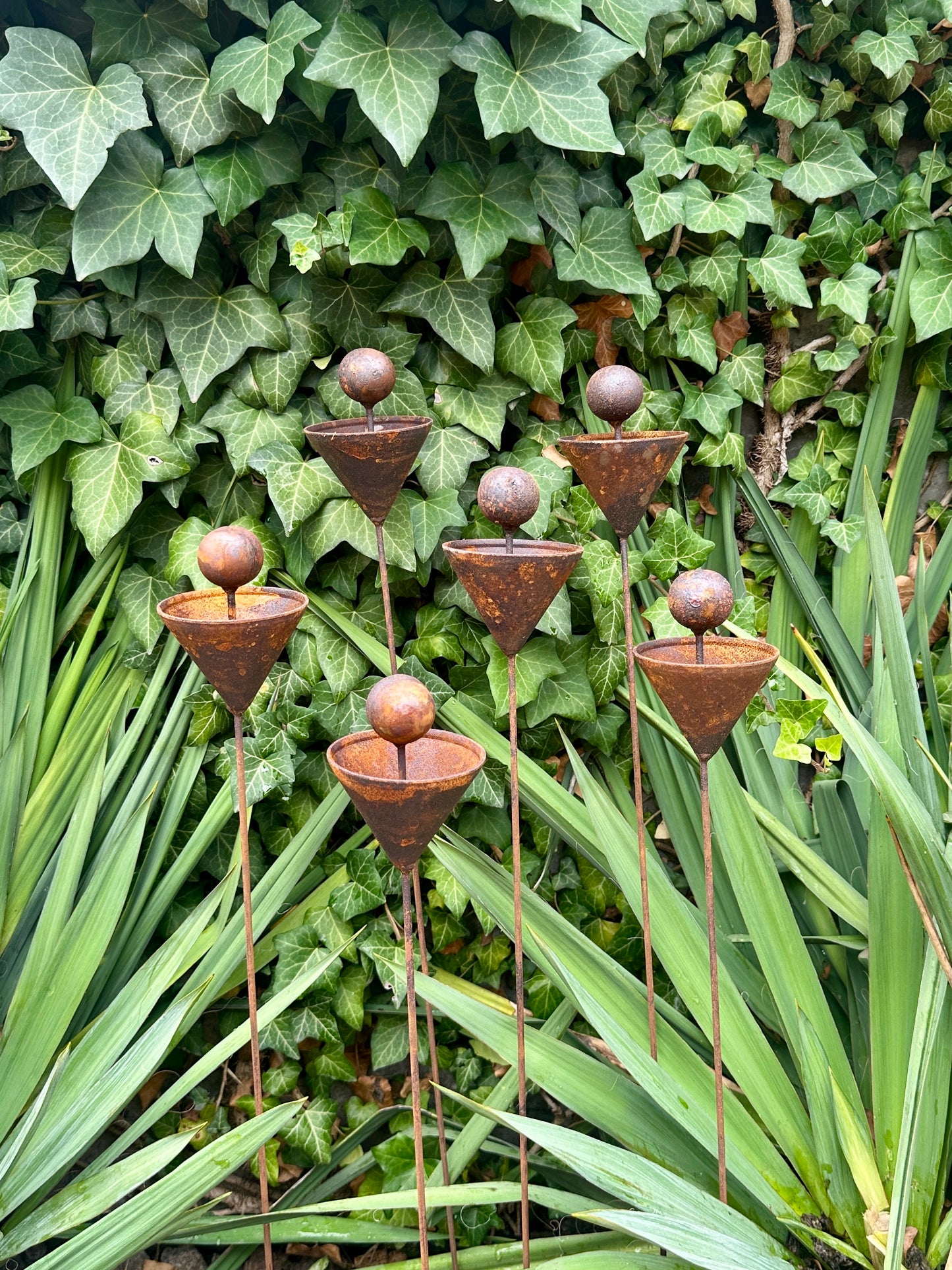 Set Of 6 Rustic Metal Rain Catcher Garden Stakes, Bee & Butterfly Feeder, Outdoor Decor