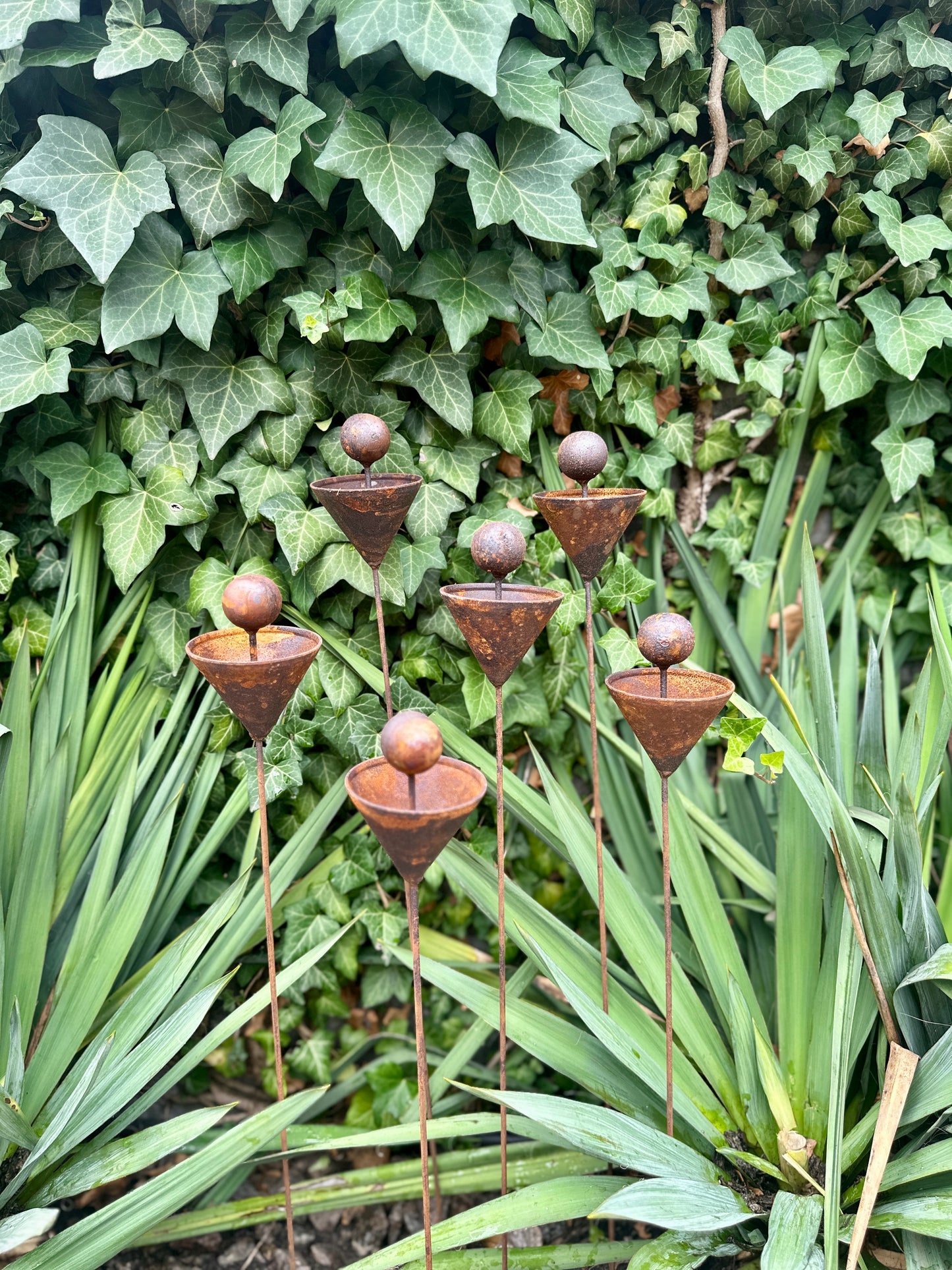 Set Of 6 Rustic Metal Rain Catcher Garden Stakes, Bee & Butterfly Feeder, Outdoor Decor