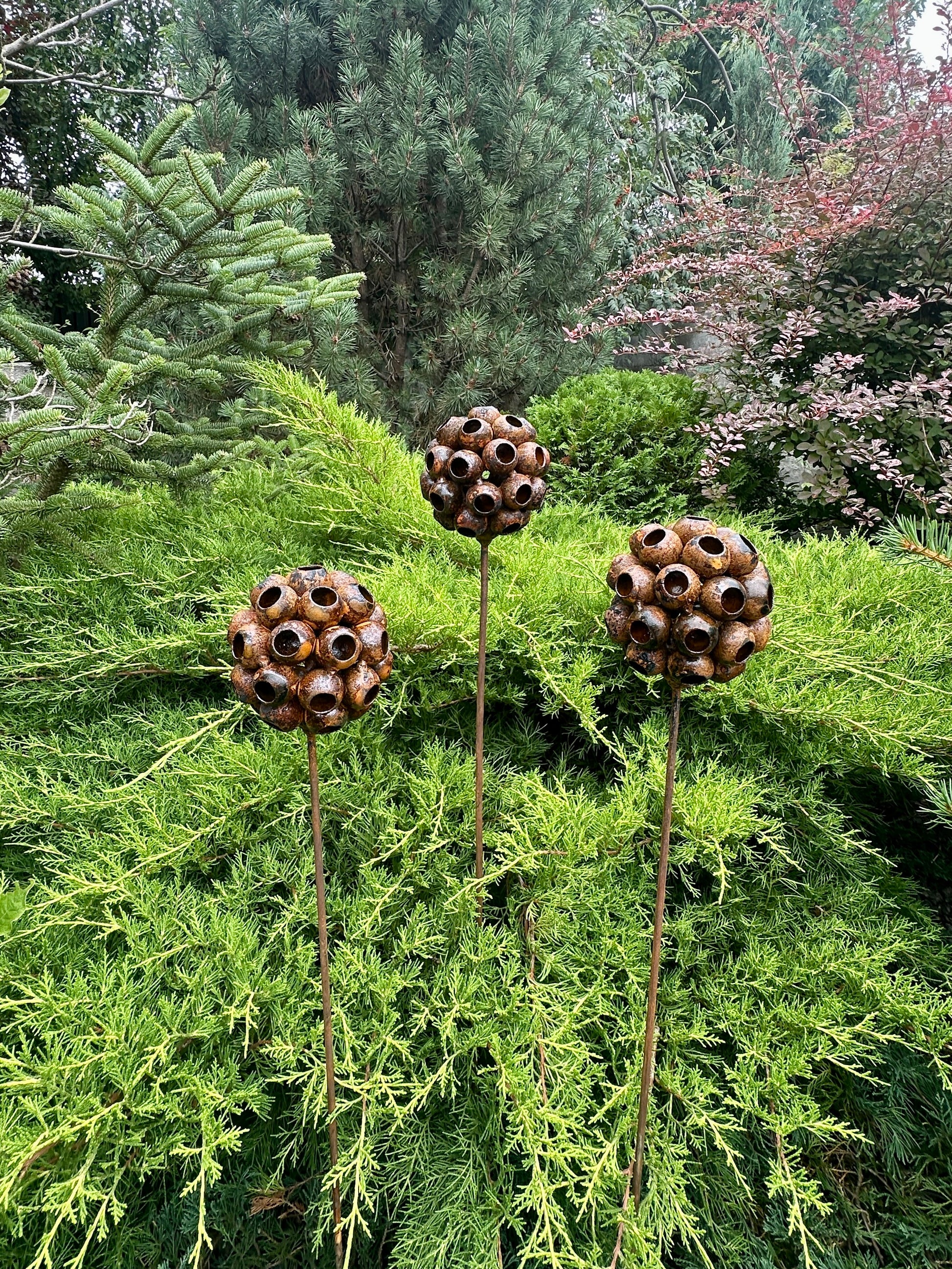 Set of 3 Rustic Metal Exotic Flowers, Garden Decorations, Rustic Landscaping, Garden Art, Bee and Butterflies Cups