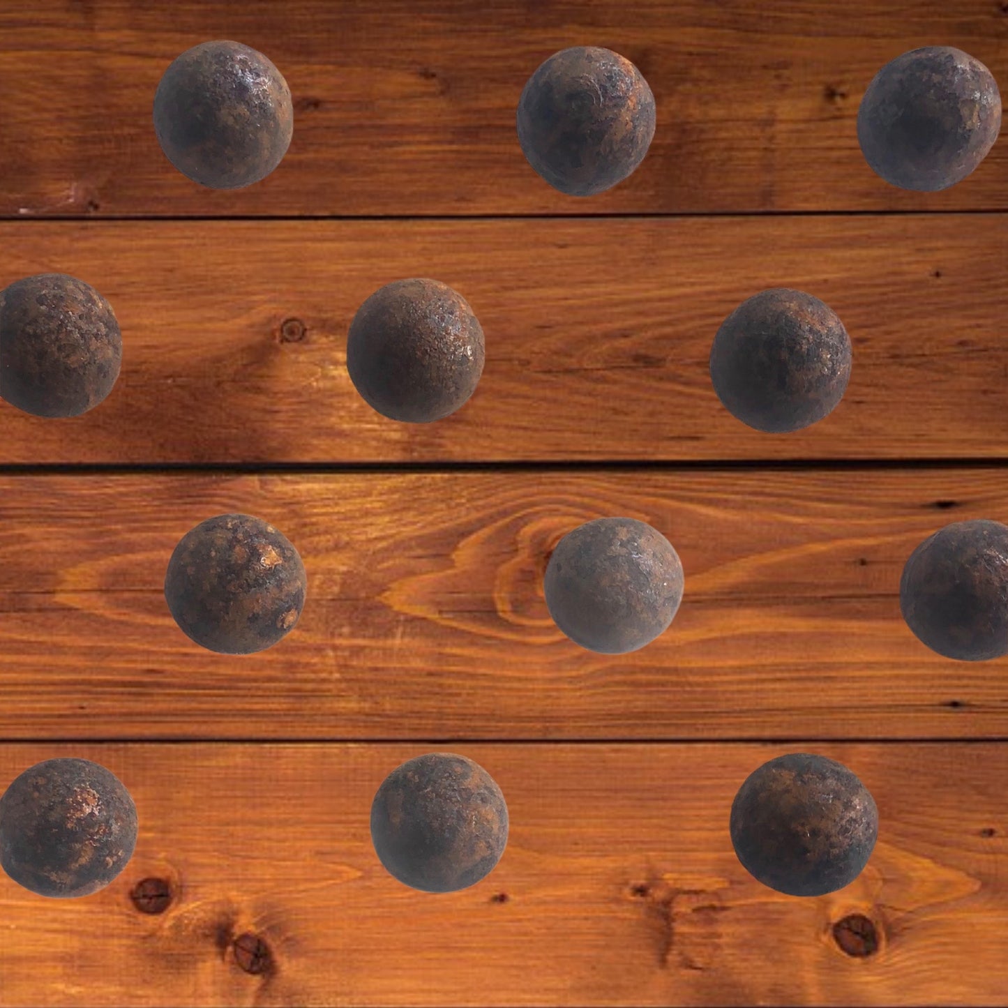 Fifty handmade rusted metal balls with screw attachment in sizes from 1.2 to 3.9 inches - unique decor for walls or fencing