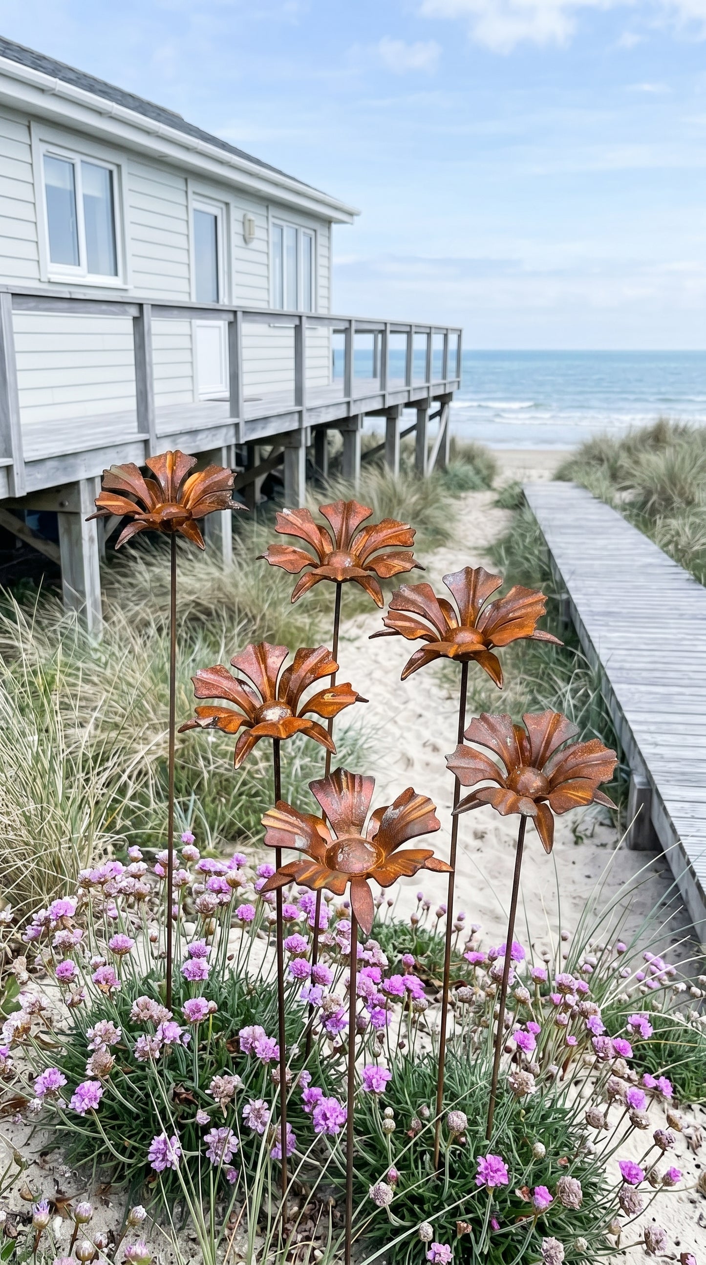 Handcrafted Rusty Metal Floral Stakes – Weathered Yard Art & Farmhouse Garden Decor