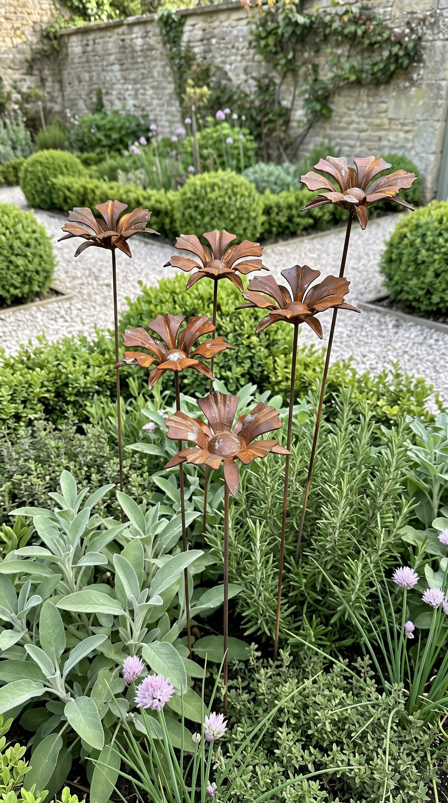 Handcrafted Rusty Metal Floral Stakes – Weathered Yard Art & Farmhouse Garden Decor