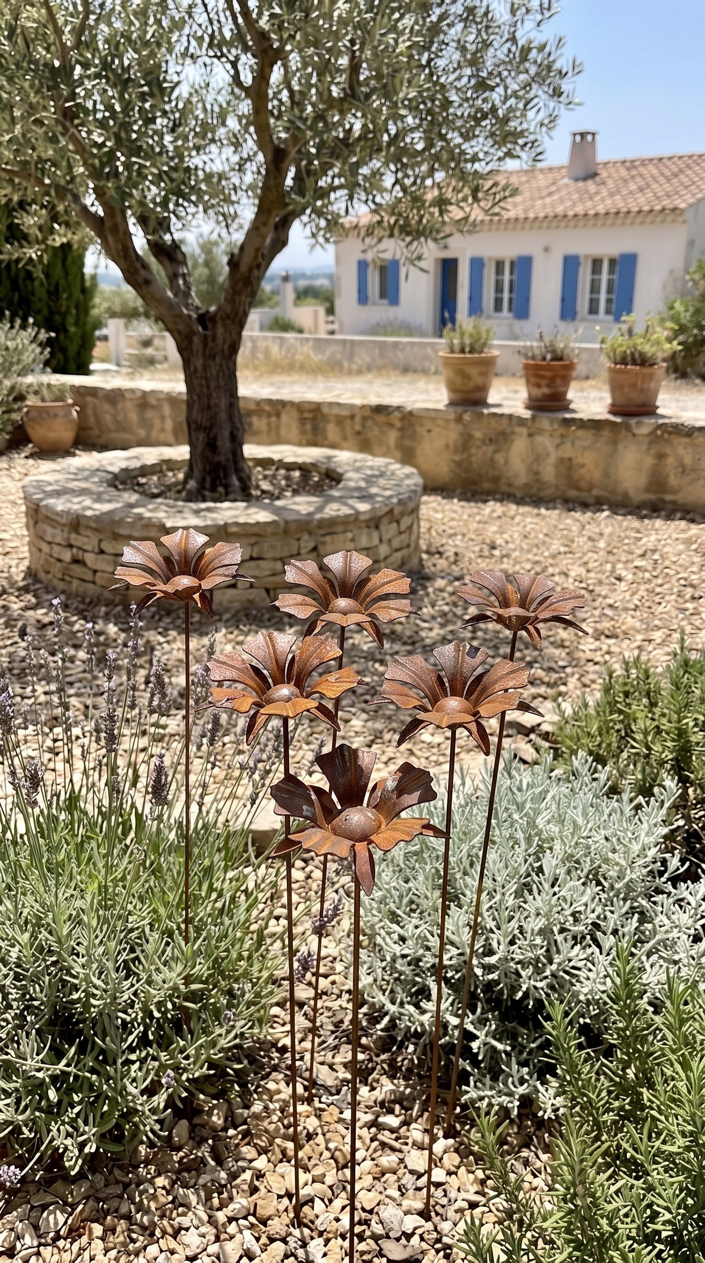 Handcrafted Rusty Metal Floral Stakes – Weathered Yard Art & Farmhouse Garden Decor