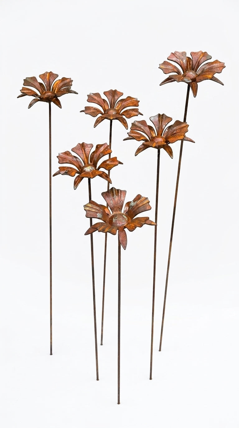 Handcrafted Rusty Metal Floral Stakes – Weathered Yard Art & Farmhouse Garden Decor