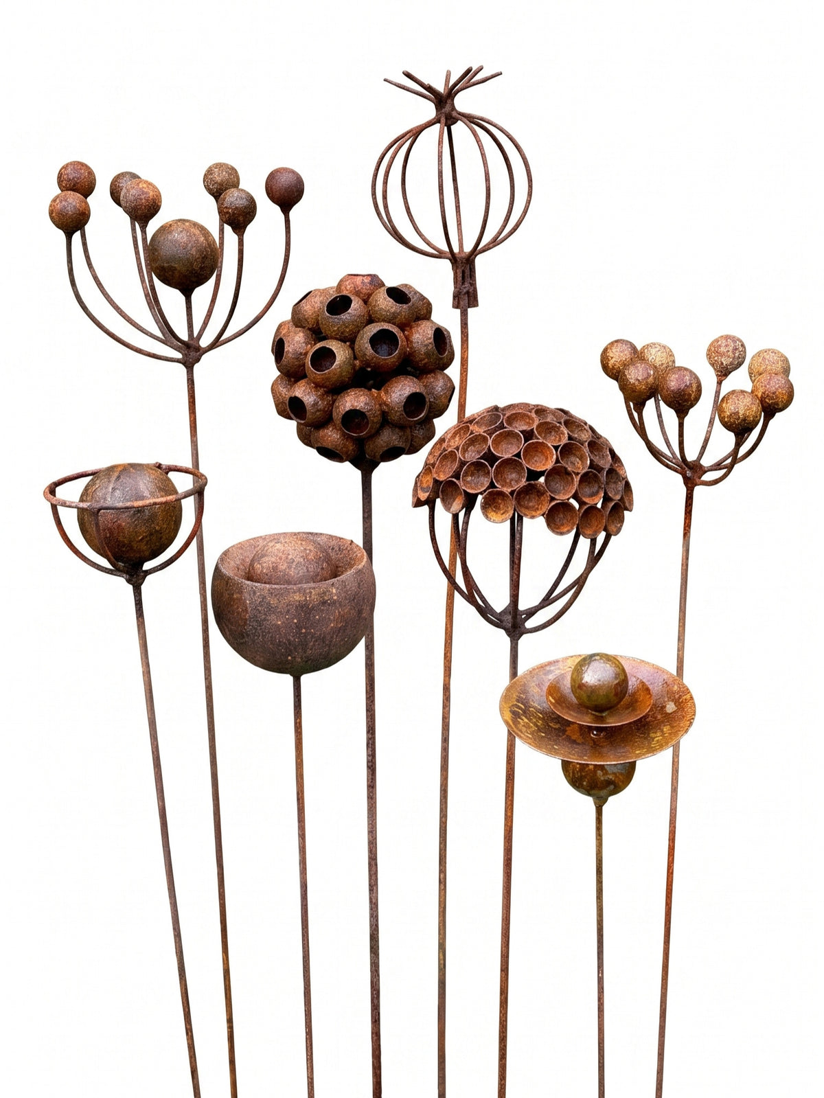 Juego de 8 esculturas de flores rústicas de metal – Estacas de jardín hechas a mano, aptas para abejas y mariposas, decoración de jardín