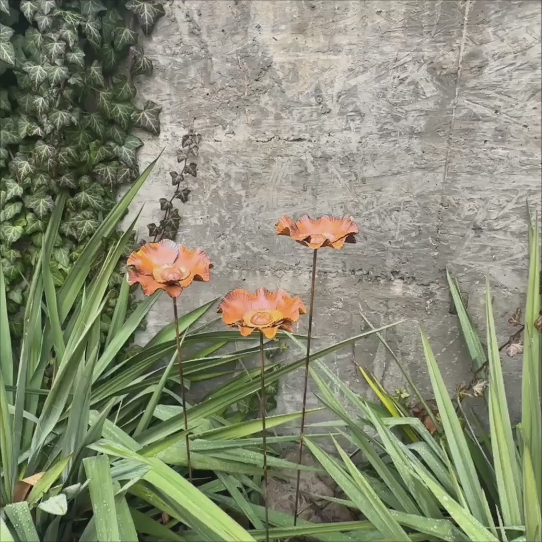 Rusty flowers set of 3, Poppy flowers garden stakes, Metal garden decor, metal yard art, outdoor metal decor, Rusty metal garden decor