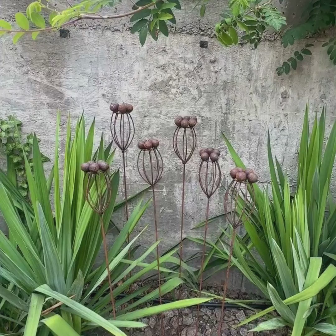 Rustic Metal Exotic Flowers Set of 6 Garden Sculptures Bee Butterfly Rain Catchers Handmade Outdoor Decor Yard Art Landscaping Gift