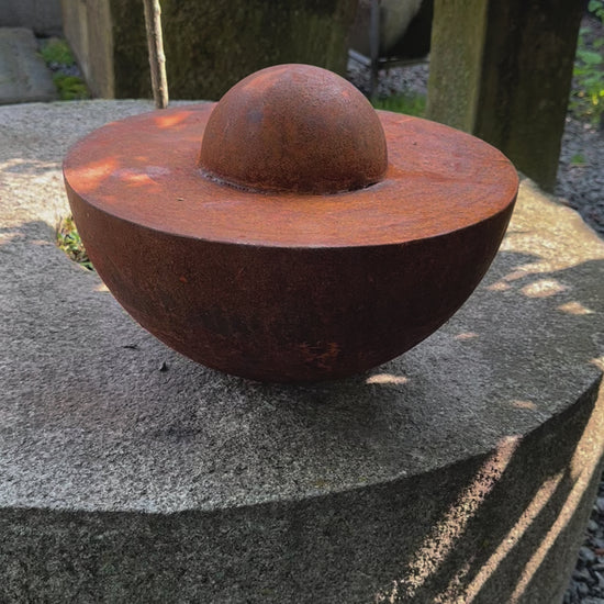 Unique Garden Accent: Contemporary Rusty Metal 14' Half Sphere Outdoor Sculpture - Minimalistic Art