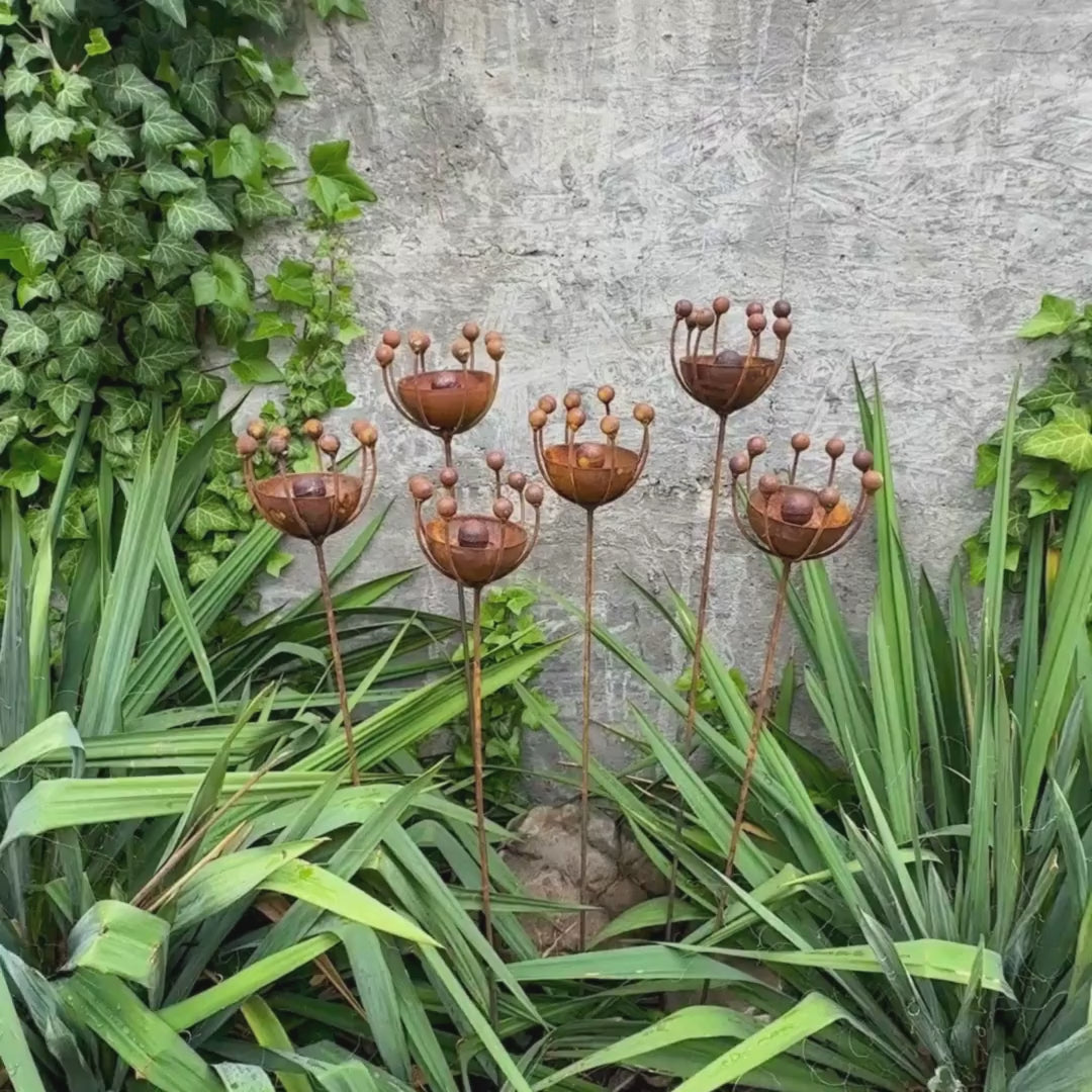 Rustic Metal Exotic Flowers Set of 6 Garden Sculptures Bee Butterfly Rain Catchers Handmade Outdoor Decor Yard Art Landscaping Gift