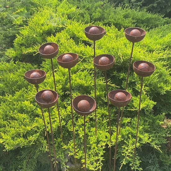 Set of 10 rusty flowers, Metal garden decorations, Yard art, Outdoor metal decor, Rusty metal rain catchers, beautiful garden stakes