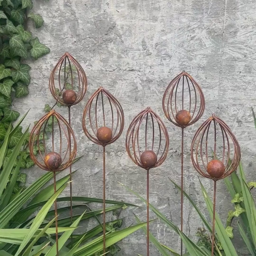 Rusty Finials Set of 6, Rustic Metal Garden Stakes, Outdoor Yard Art, Weathered Metal Ornaments, Unique Garden Sculpture and Decor