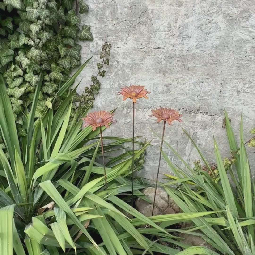 Rusty Flowers Set of 3, Metal Garden Decor, 3 Garden Stakes with Rusty Flowers, Outdoor Metal Yard Art, Rustic Weathered Metal Sculpture