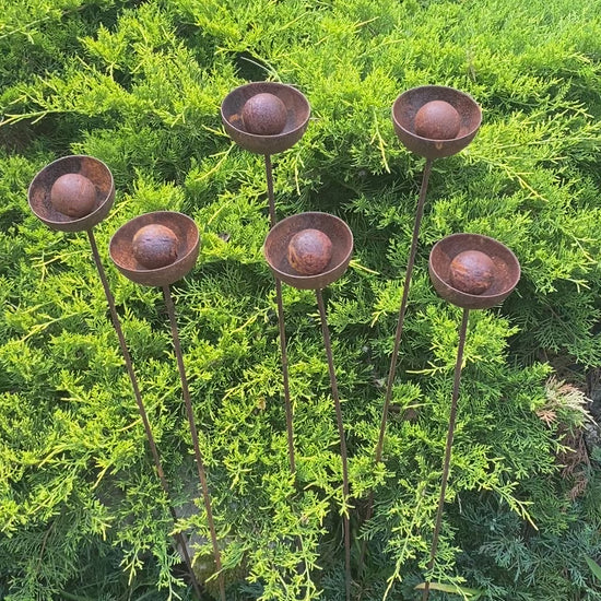 Set of 6 rusty flowers, Metal garden decorations, Yard art, Outdoor metal decor, Rusty metal rain catchers, beautiful garden stakes