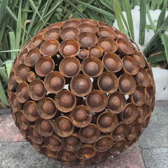 Rusty Metal Ball Sculpture, 20'' Diameter, Garden Art Sphere, Handmade Modern Yard Decor, Outdoor Accent Piece, Unique Landscape Ornament