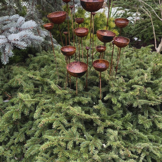 Rusty flowers set of 20, Metal rain catchers, yard art, outdoor metal decor, Rusty metal garden stakes