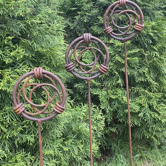 Set of 3 Rustic Metal Garden Finials, Metal stakes, Metal garden decor, Outdoor garden space, Yard Art