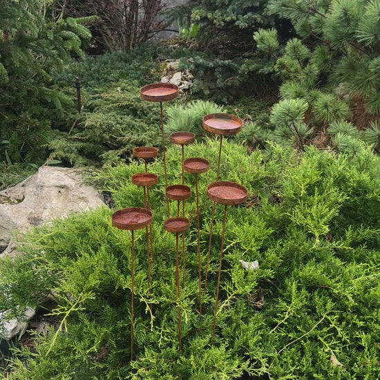 Rusty flowers set of 10, Metal rain catchers, yard art, outdoor metal decor, Rusty metal garden stakes