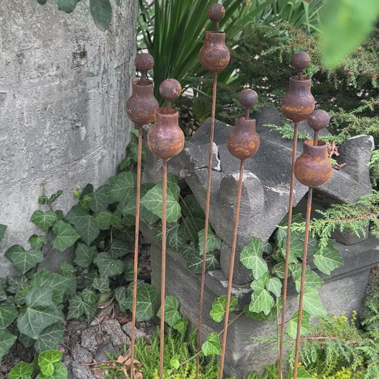 Set of 6 Rusty Metal Flowers, Garden Decorations, Handmade Outdoor Decor for Backyards, Rustic Landscaping, Garden Art, Bee Butterfly Cups
