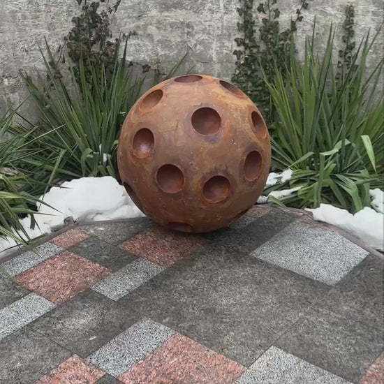 20'' Rusty Metal Sphere Sculpture – Modern art for your garden, patio or home. Perfect as a centerpiece, landscape decor, or artistic accent