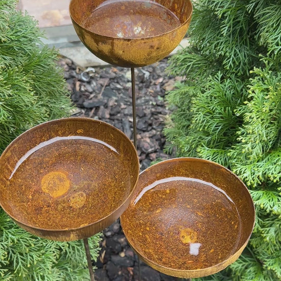 Rusty flower garden stakes, Three 6” Metal rain catchers, Bird bath outdoor garden decor