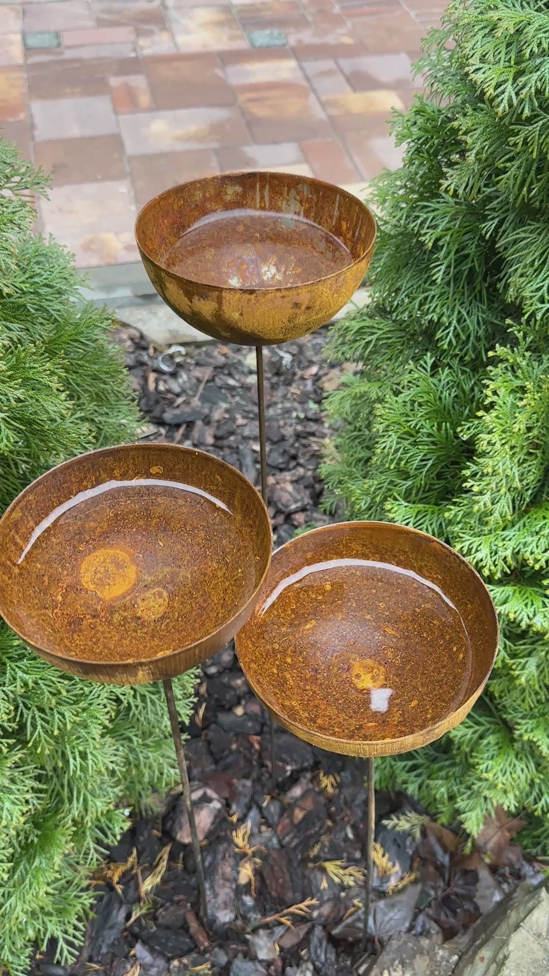 Rusty flower garden stakes, Three 6” Metal rain catchers, Bird bath outdoor garden decor