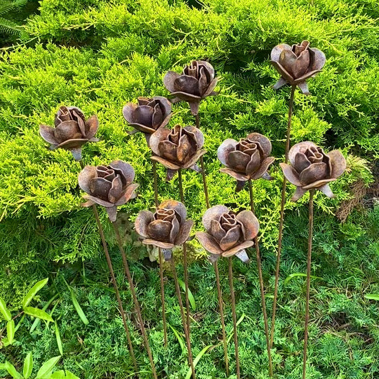 10 Metal flowers, Flower garden stakes, Metal rusty decor, metal yard art, Outdoor decor, Outdoor art, Bush Rose, Garden stakes, Garden art