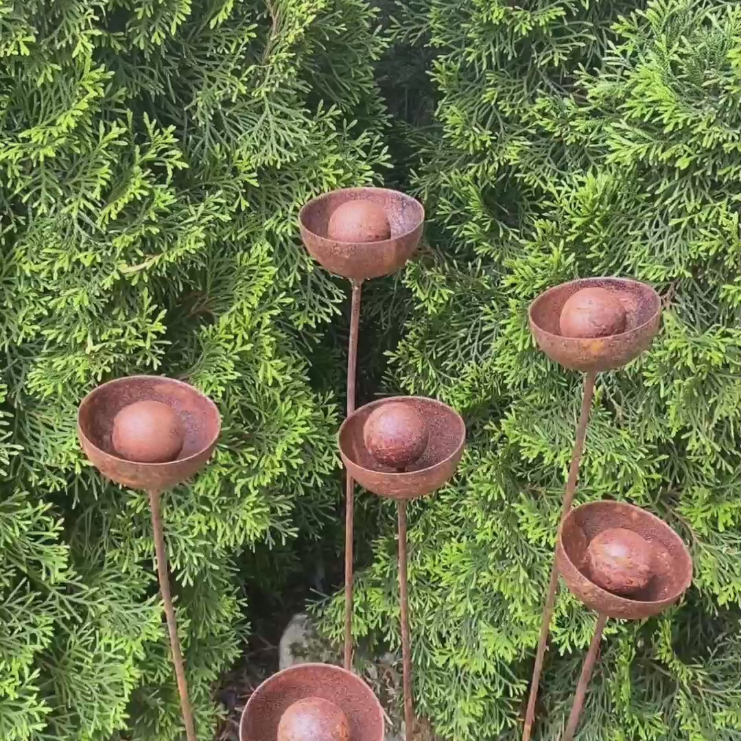 Set of 6 rusty flowers, Metal garden decorations, Yard art, Outdoor metal decor, Rusty metal rain catchers, beautiful garden stakes