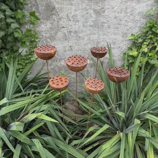 Rustic Metal Lotus Flowers Set of 6, Handmade Garden Sculptures, Rain Catchers for Bees and Butterflies, Outdoor Yard Art, Landscaping Gift