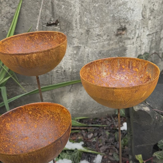 Rusty flower garden stakes, Three 6” Metal rain catchers, Bird bath outdoor garden decor