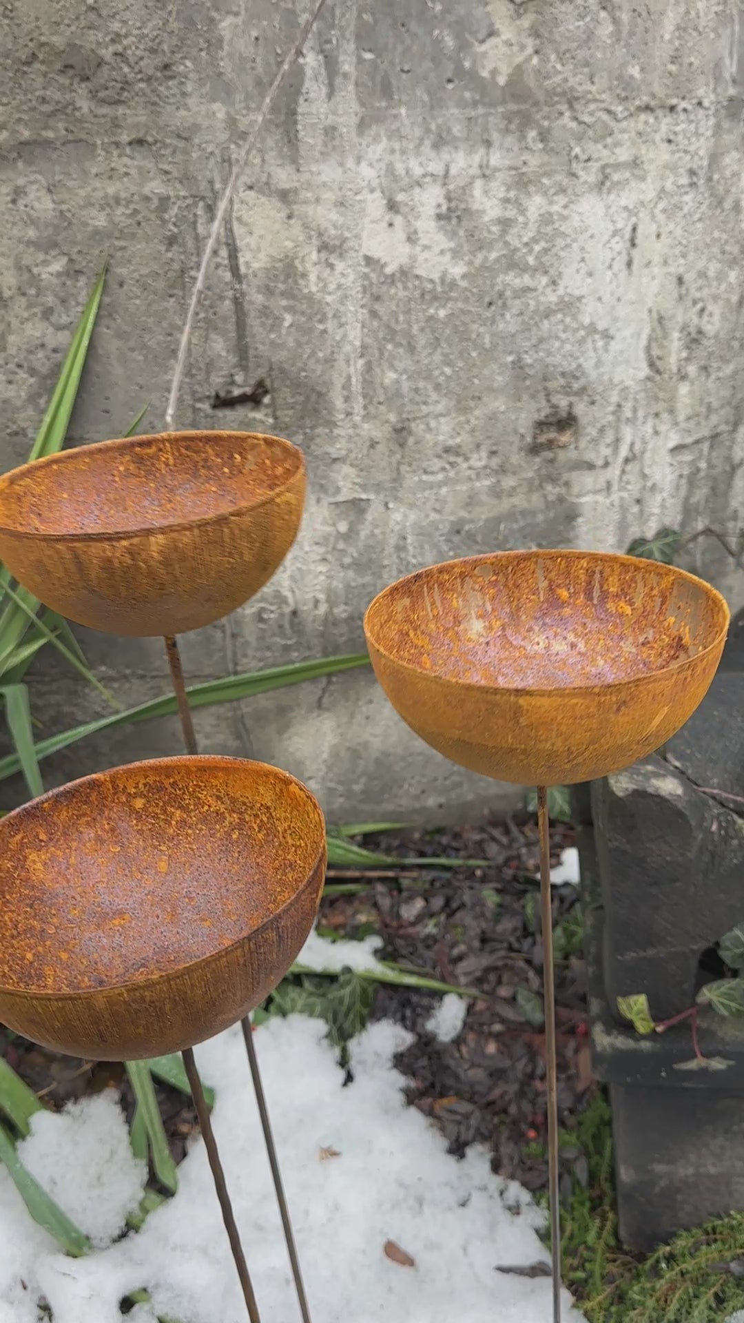 Rusty flower garden stakes, Three 6” Metal rain catchers, Bird bath outdoor garden decor