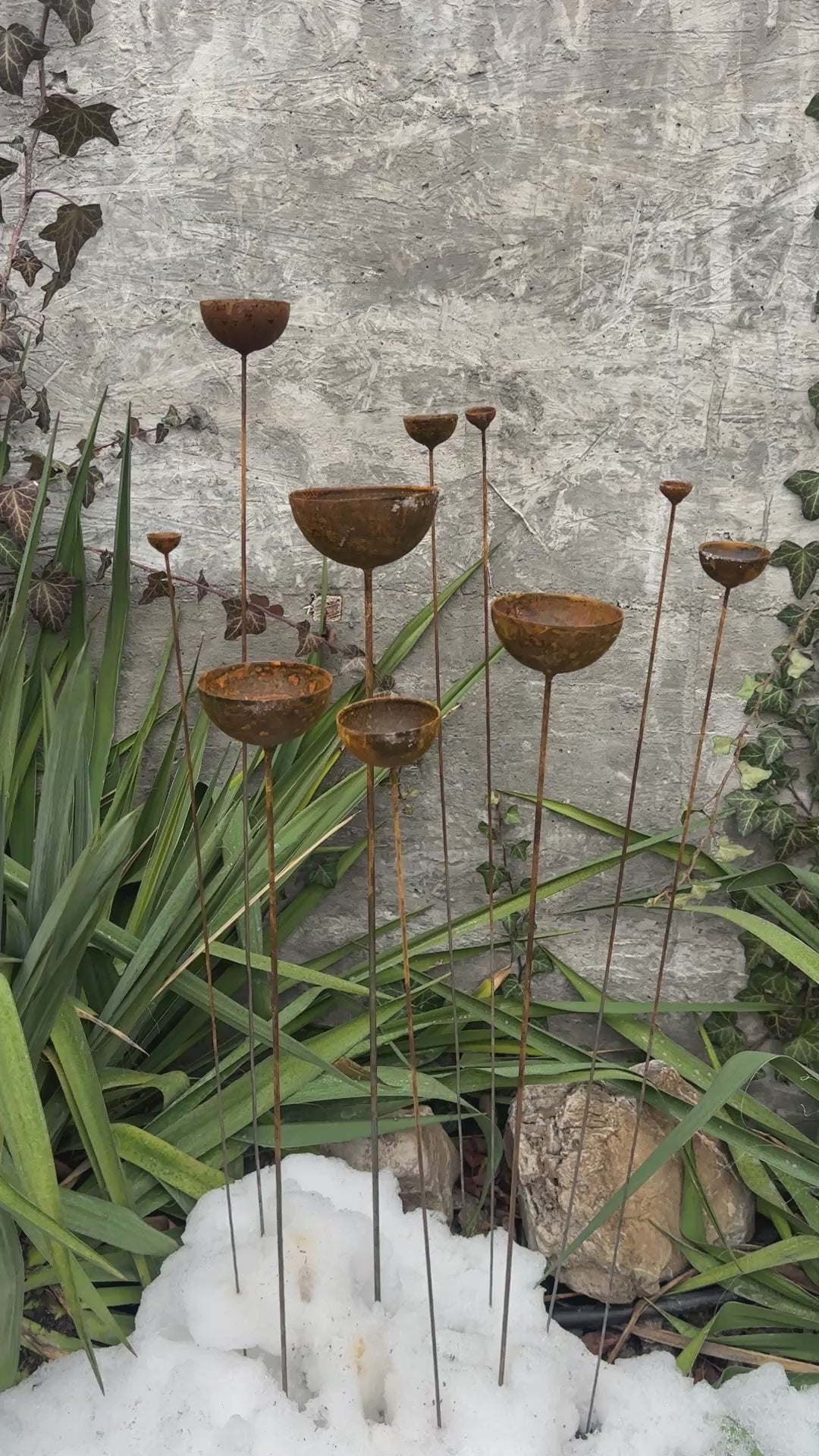 Rusty flower buds set of 10, Garden stakes garden decor, Metal garden decor, Metal sculpture, Outdoor metal decor, Rusty metal rain catchers