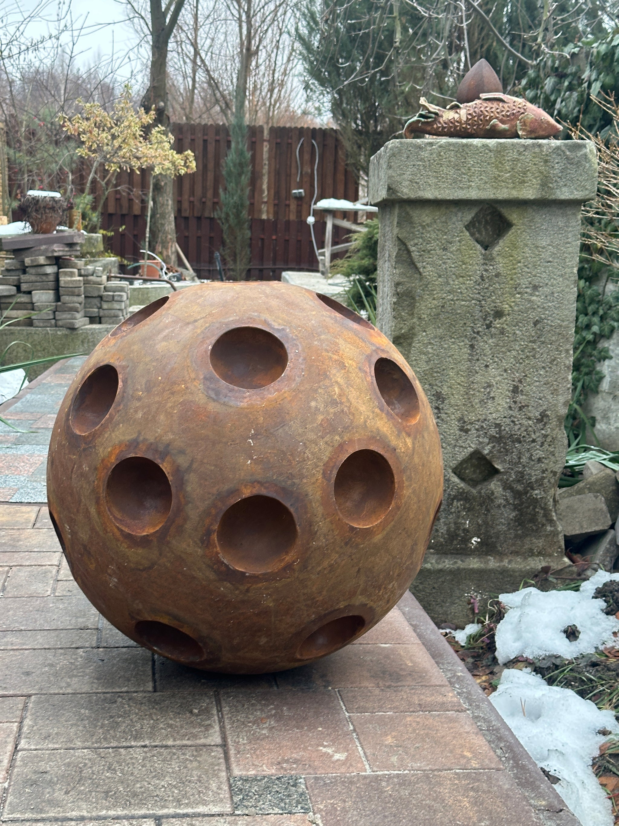 20'' Rusty Metal Sphere Sculpture – Modern art for your garden, patio or home. Perfect as a centerpiece, landscape decor, or artistic accent