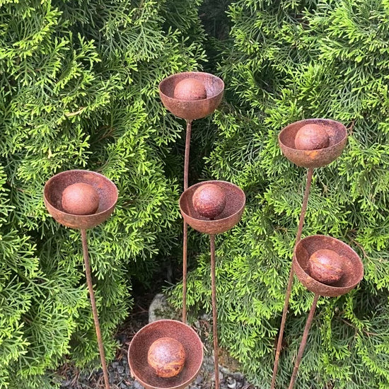 Set of 6 rusty flowers, Metal garden decorations, Yard art, Outdoor metal decor, Rusty metal rain catchers, beautiful garden stakes