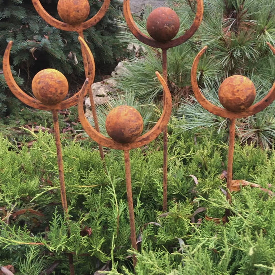 Set of 5 Rusty Metal Garden Stakes and Finials: Enhance Your Outdoor Space with Unique Metal Decor