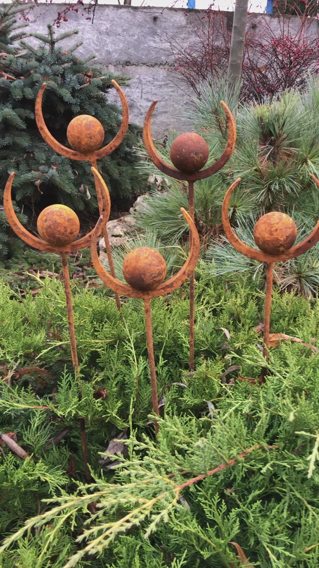 Set of 5 Rusty Metal Garden Stakes and Finials: Enhance Your Outdoor Space with Unique Metal Decor