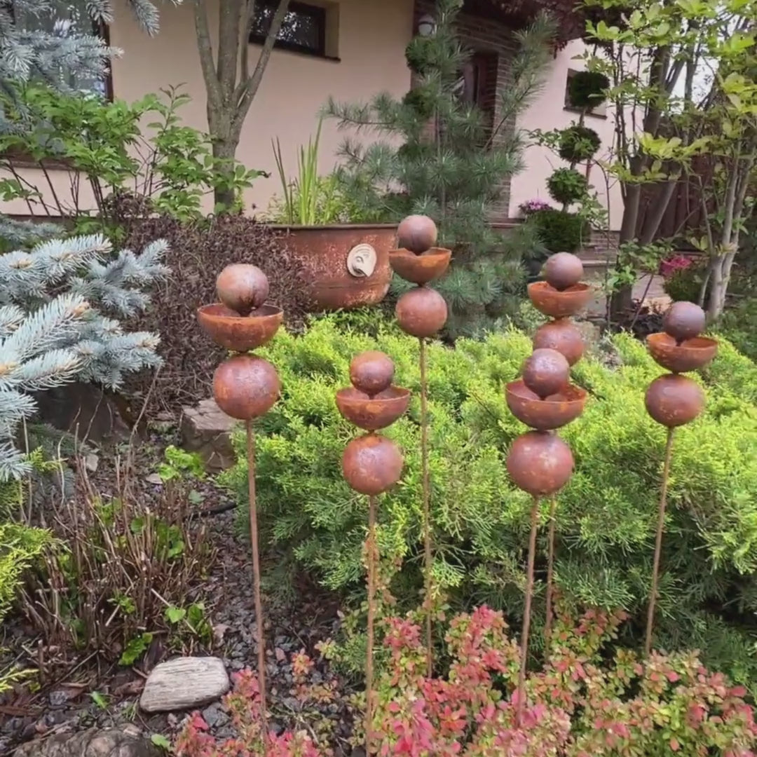 Set of 6 Rusty Metal Flowers, Garden Decorations, Handmade Outdoor Decor for Backyards, Rustic Landscaping, Garden Art, Bee Butterfly Cups