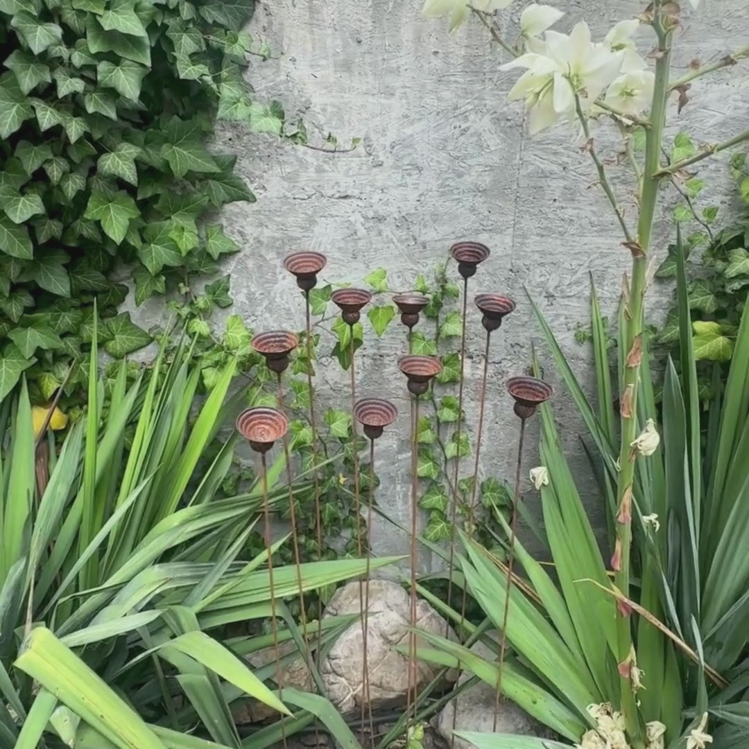 Rusty Metal Flowers Set of 10, Garden Decor, Handmade Outdoor Stakes, Rustic Yard Art, Landscaping Accents, Bee Butterfly Water Cups