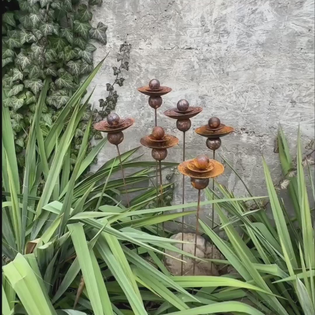 Set of 6 Rusty Metal Flowers, Garden Decorations, Handmade Outdoor Decor for Backyards, Rustic Landscaping, Garden Art, Bee Butterfly Cups