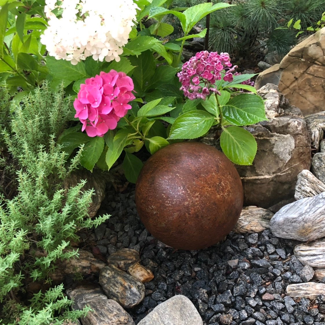 Garden Metal Decor, 10” Sphere, Garden decor, Garden art, Rusty bowl decor