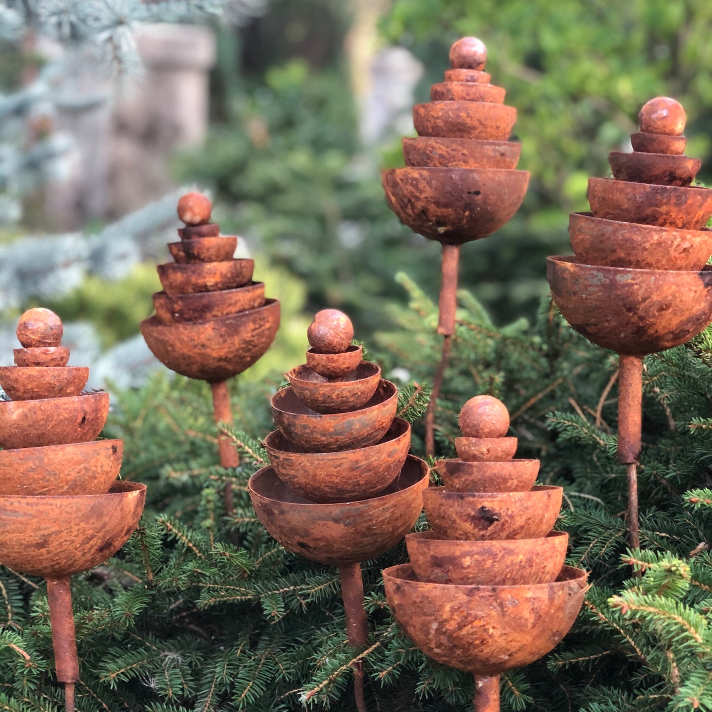 Rusty flowers set of 6, Metal garden decor, 6 Rusty flowers garden stakes