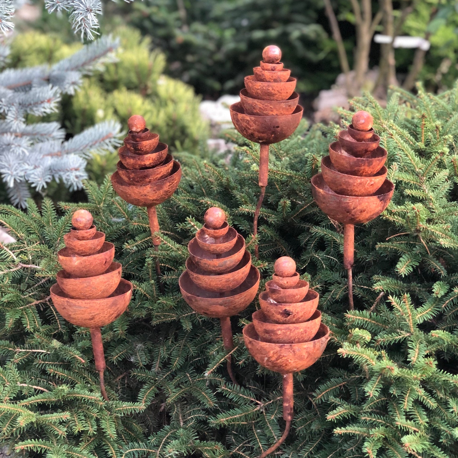 Rusty flowers set of 6, Metal garden decor, 6 Rusty flowers garden stakes