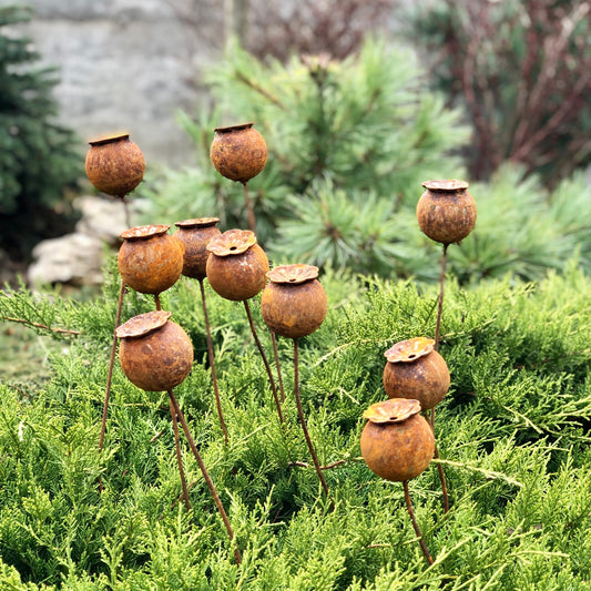 Rusty flowers set of 10, Poppy seeds head garden decor, Metal garden decor, metal yard art, outdoor metal decor, Rusty metal garden decor